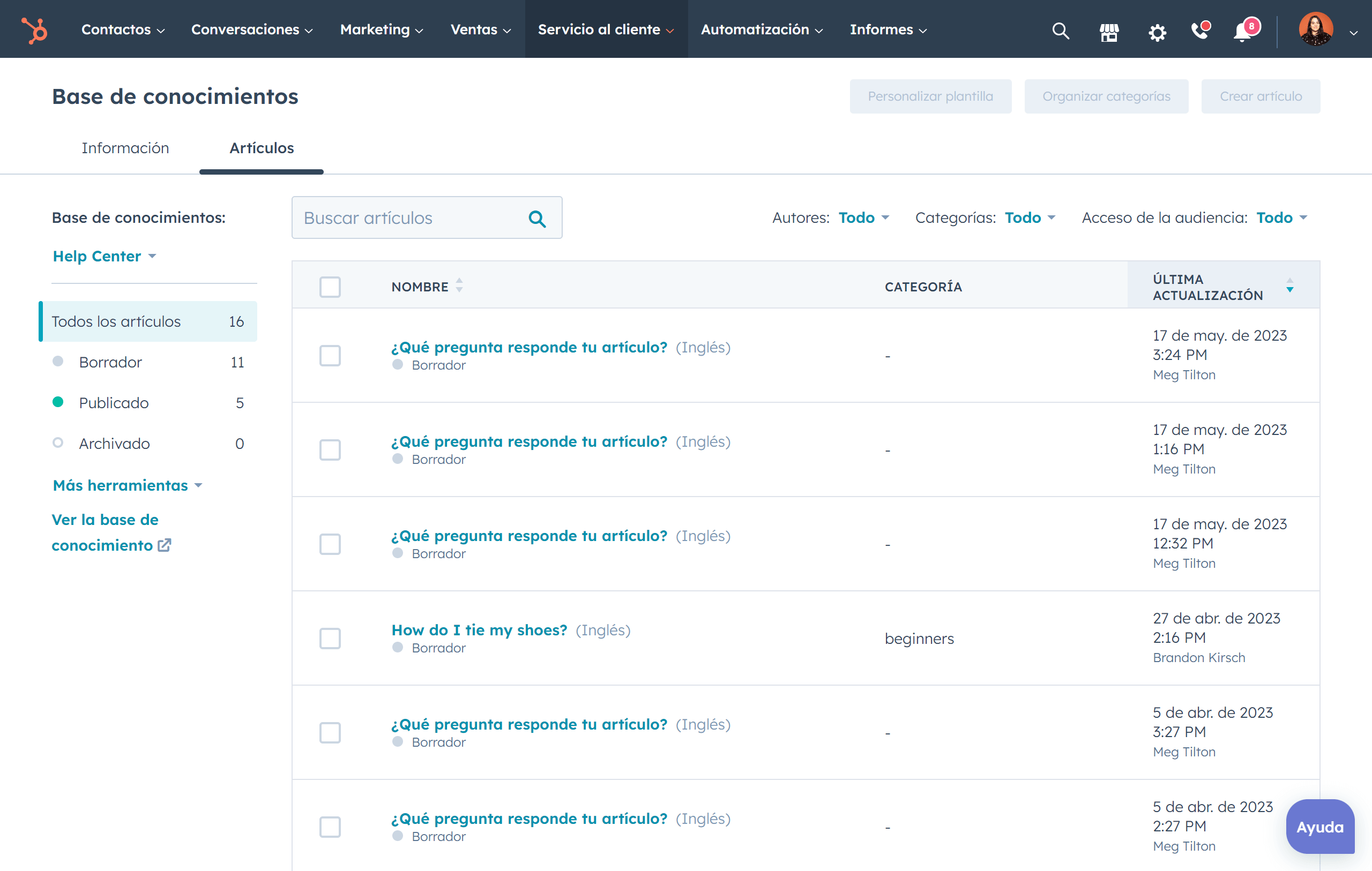 lista de artículos de la base de conocimientos